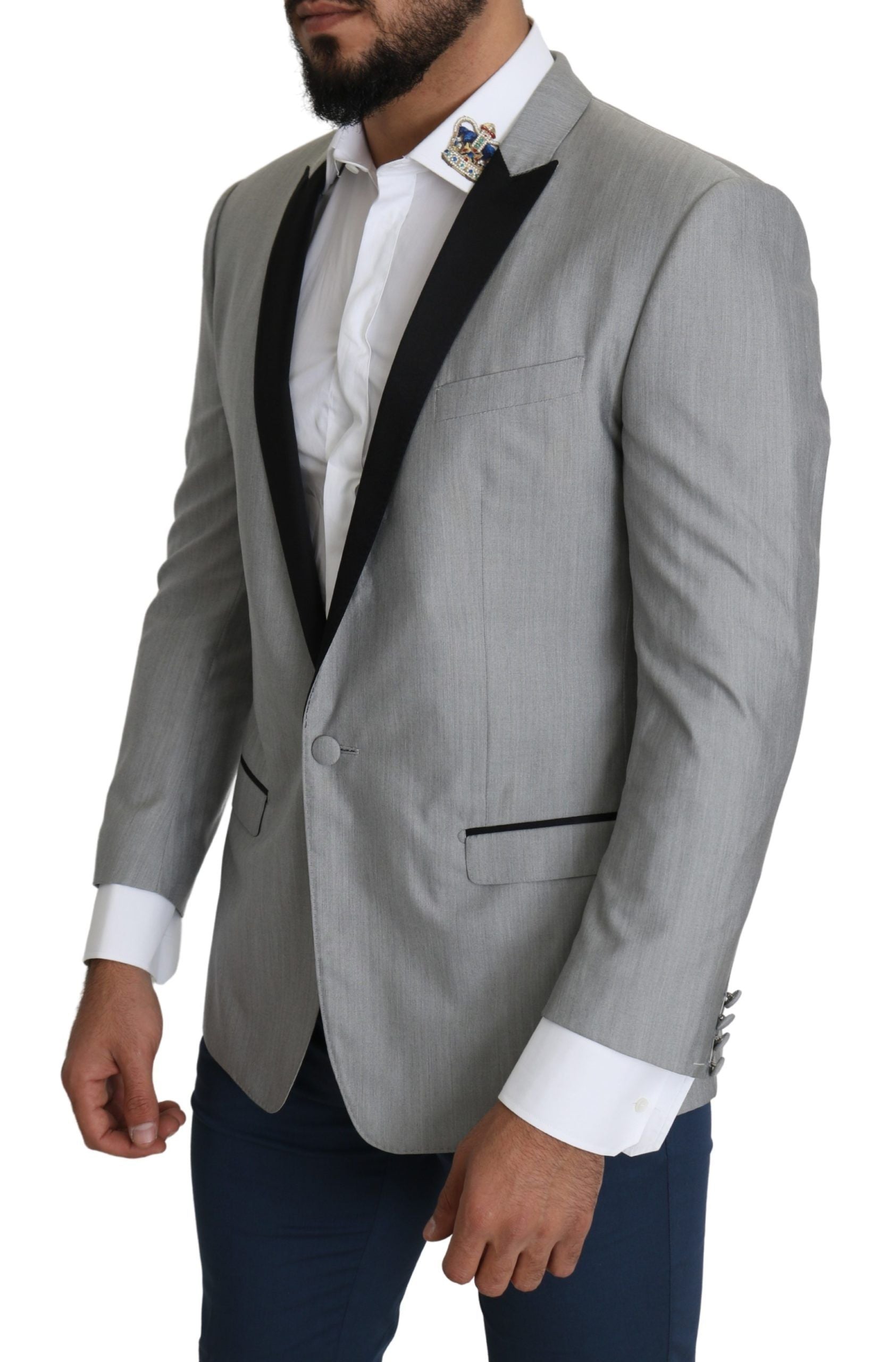 Light gray Dolce & Gabbana single-breasted SARTORIA blazer with notch lapels and tailored fit, shown on a mannequin.