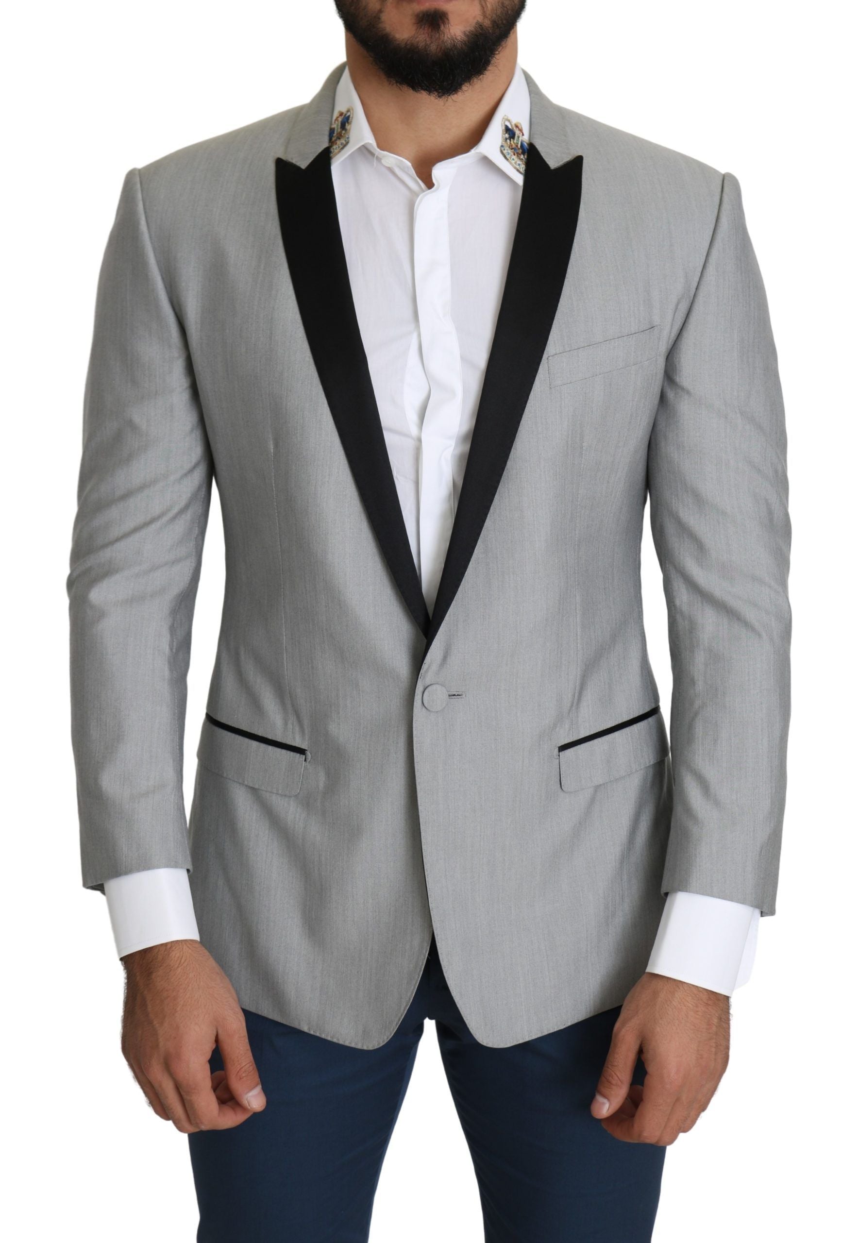 Light gray single-breasted SARTORIA blazer by Dolce & Gabbana, tailored fit with notch lapel and structured design.