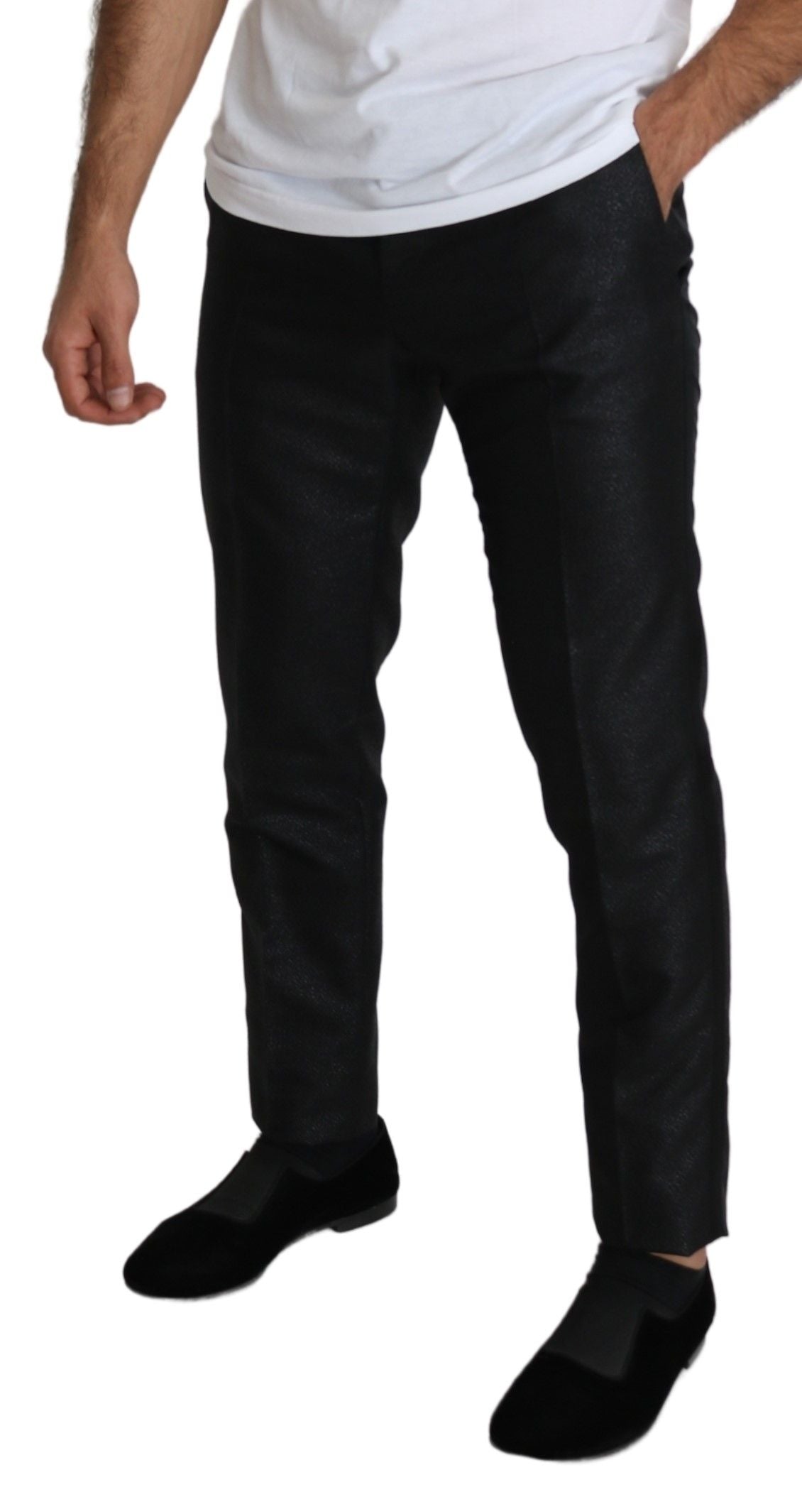 Black metallic skinny trouser dress by Dolce & Gabbana, sleek fitted style with shiny metallic fabric, perfect for evening wear.