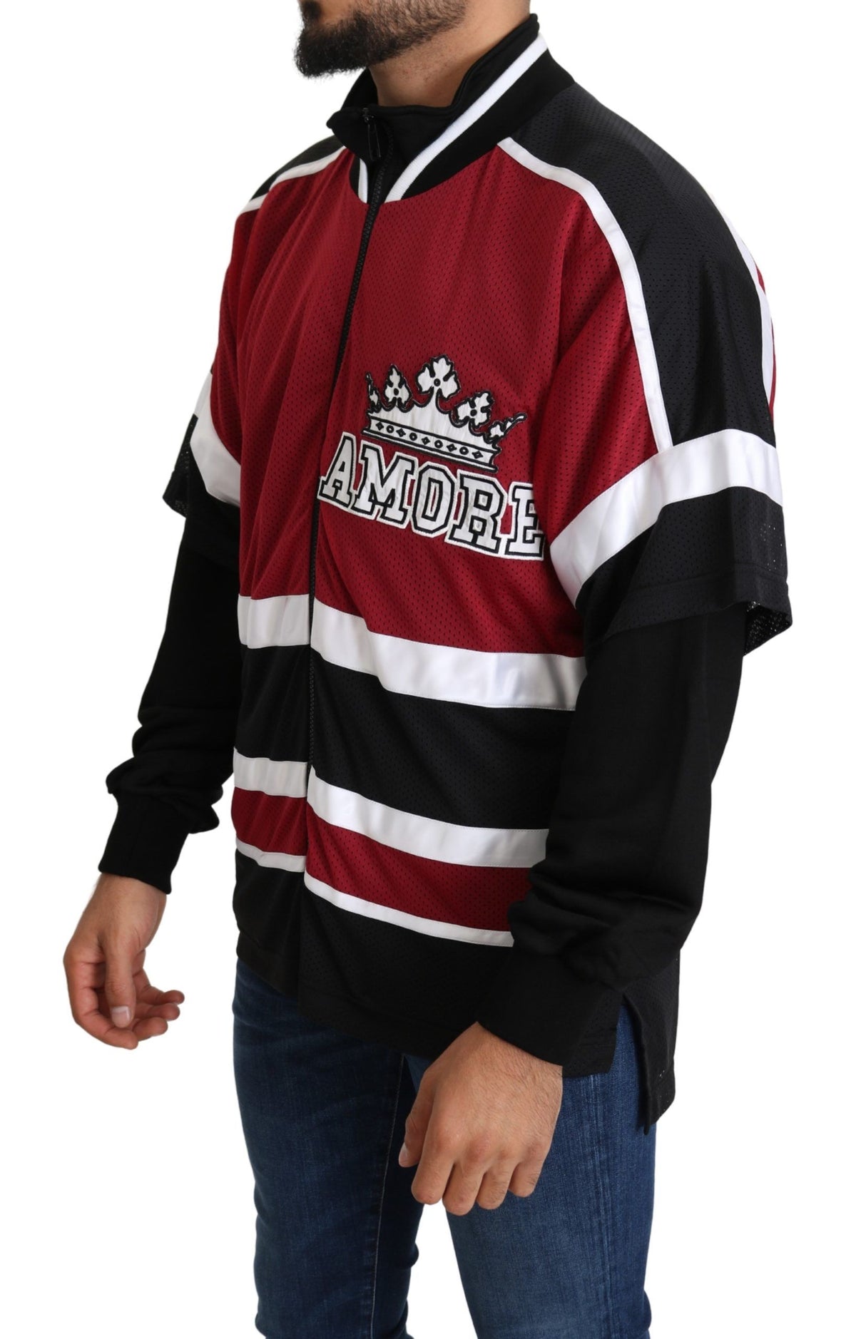 Dolce & Gabbana red and black AMORE sport full zipper sweater with sporty design and contrasting color blocks.