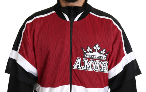 Red and black Dolce & Gabbana AMORE sport full zipper sweater with sporty design and branding, shown on a hanger.