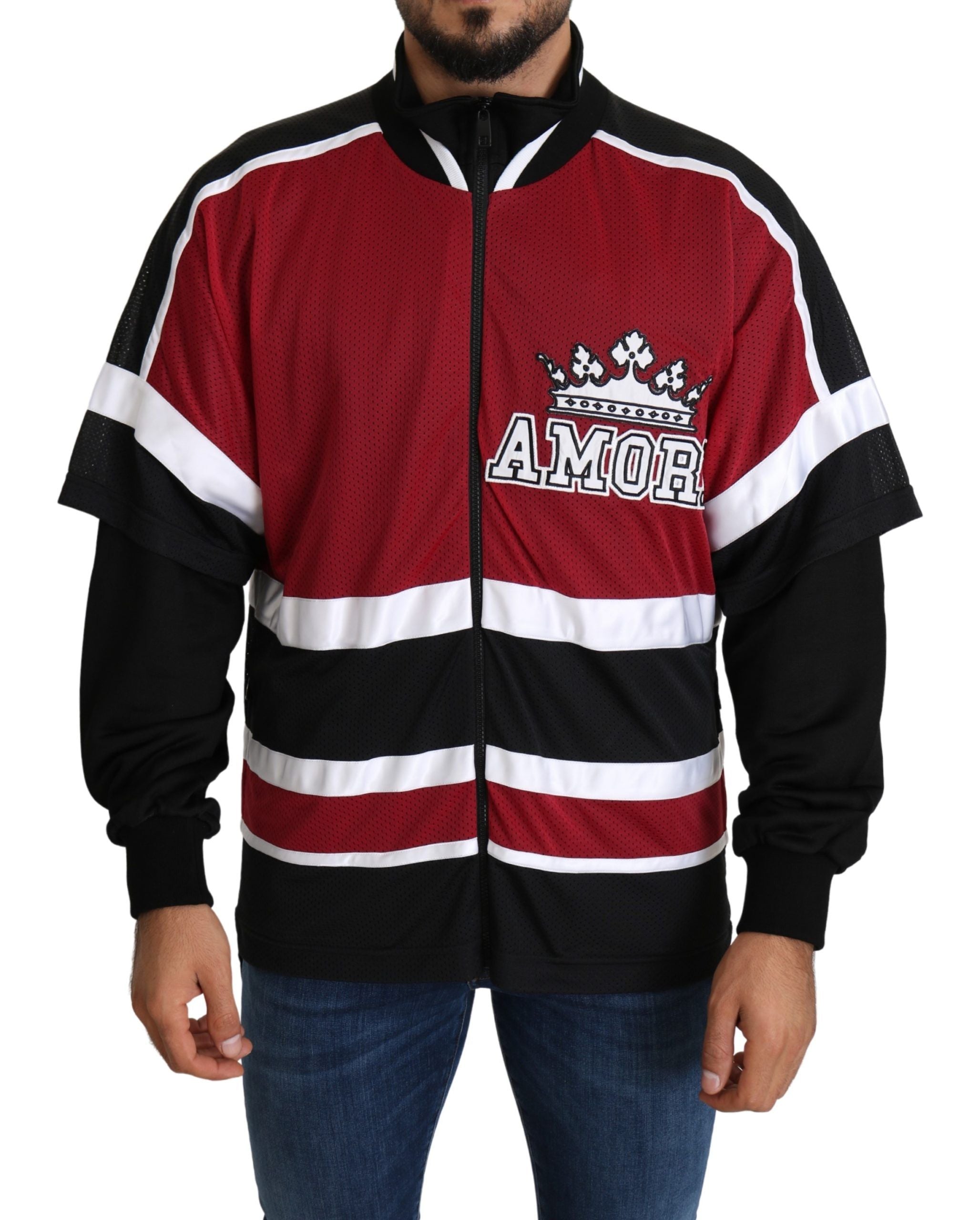 Dolce & Gabbana red and black AMORE sport full zipper sweater featuring bold color blocking and sporty design.