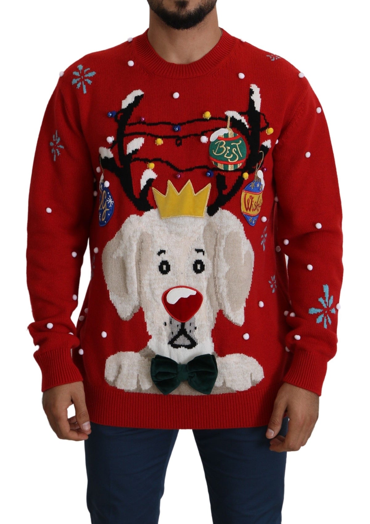 Red Christmas dog sweater by Dolce & Gabbana, cozy cashmere pullover with holiday festive design for small pets.