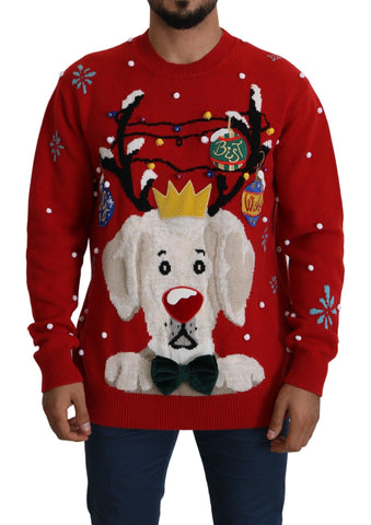 Red Christmas dog sweater by Dolce & Gabbana, cozy cashmere pullover with holiday festive design for small pets.