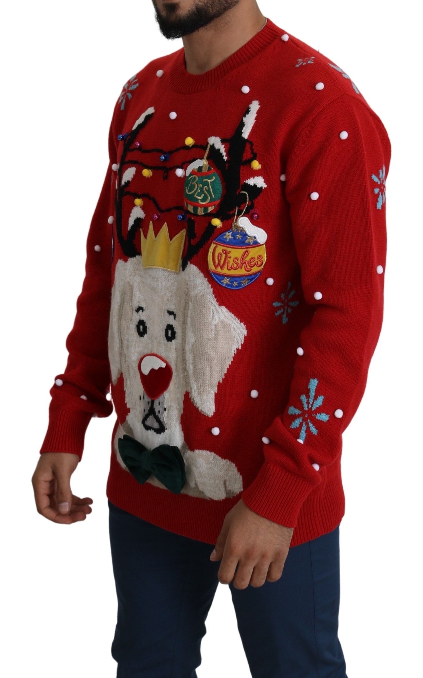 Red Christmas dog pullover sweater by Dolce & Gabbana, made of cashmere, featuring festive holiday design for small dogs.