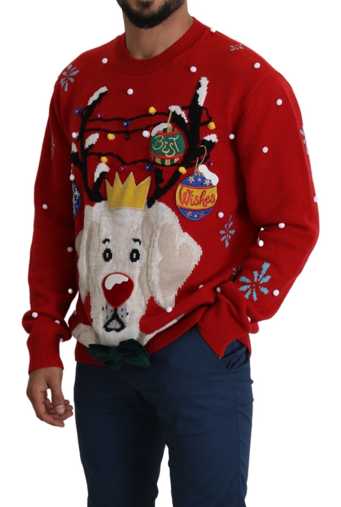 Red Christmas dog pullover cashmere sweater by Dolce & Gabbana, featuring festive holiday design and cozy knit fabric.