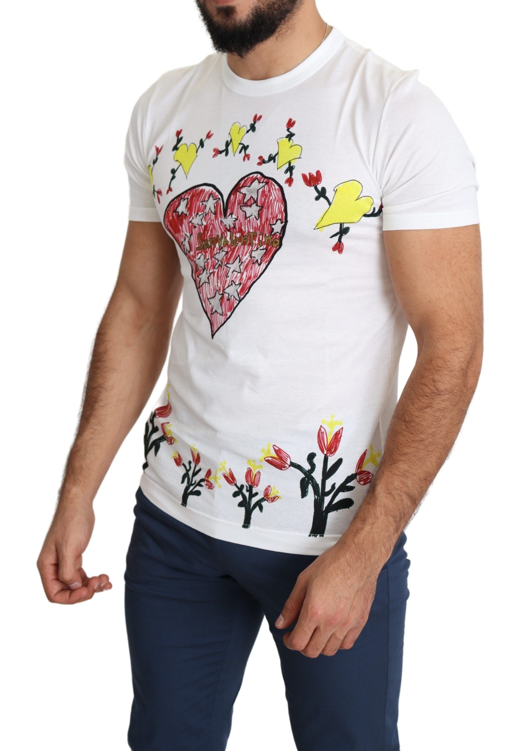 White Dolce & Gabbana Saint Valentine print cotton men's T-shirt with graphic design on the front.