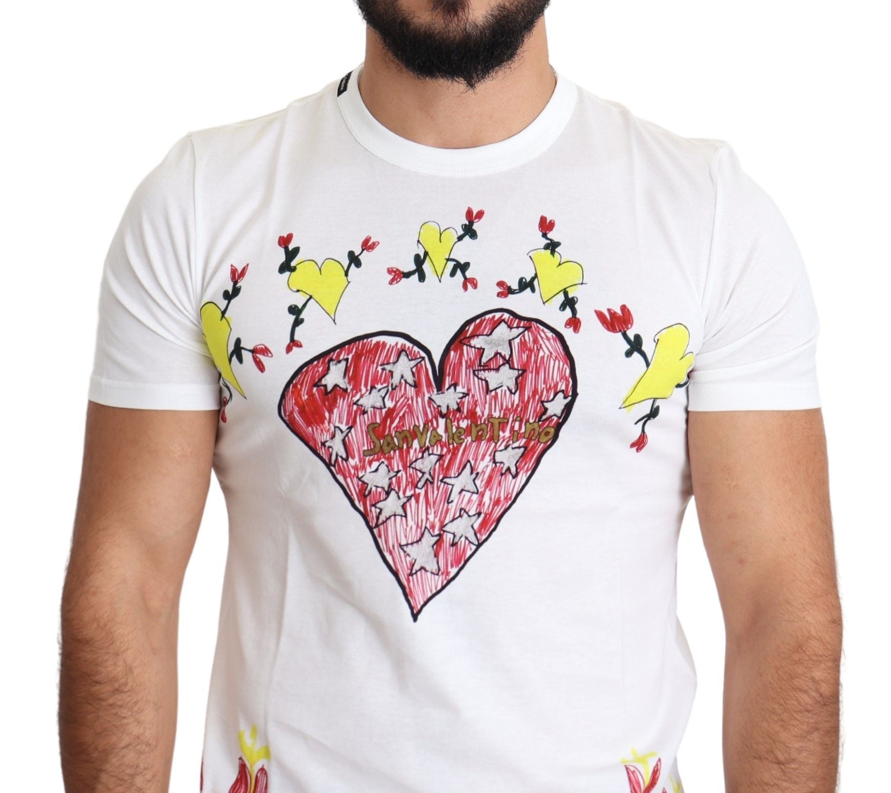White Dolce & Gabbana Saint Valentine print cotton men's T-shirt with graphic design and short sleeves.