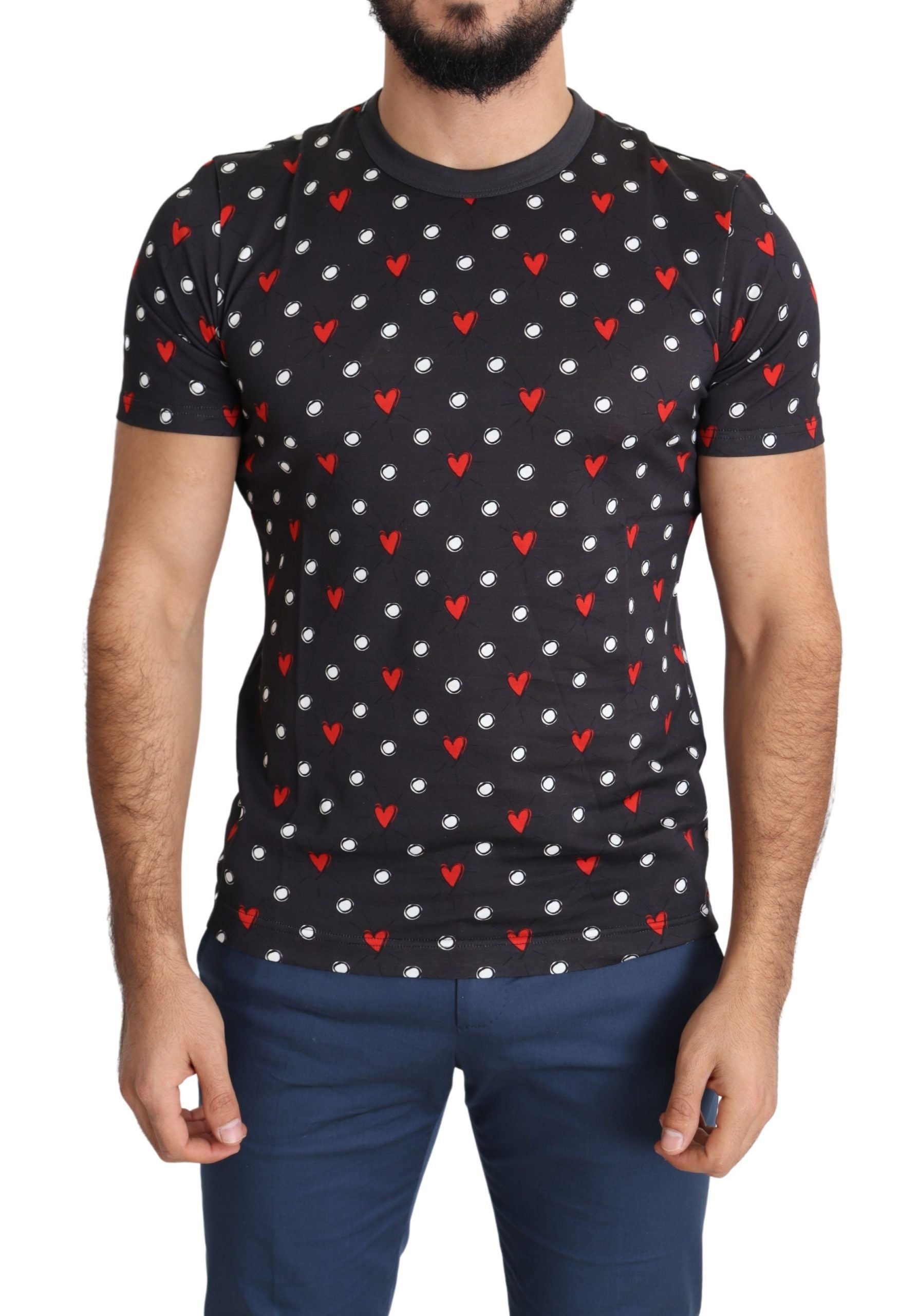 Dark gray cotton men's T-shirt with heart print from Dolce & Gabbana, featuring a stylish heart pattern design.