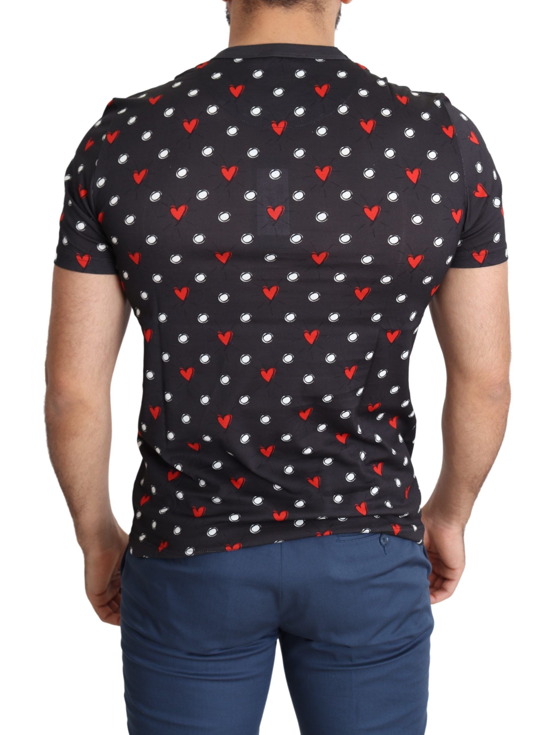 Dark gray cotton men's T-shirt with heart print design by Dolce & Gabbana, featuring a casual fit and stylish pattern.