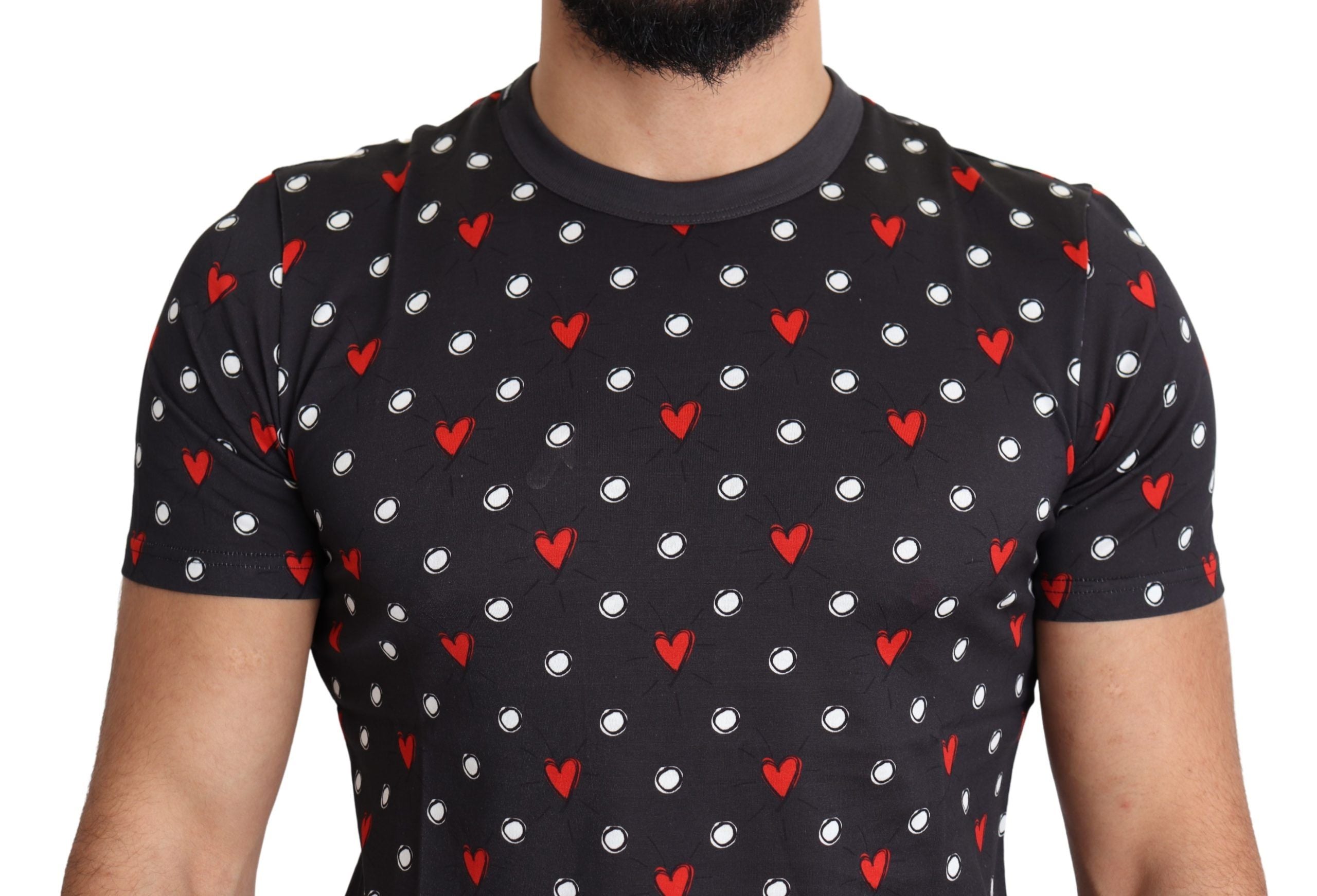 Dark gray cotton men's T-shirt with Dolce & Gabbana hearts print, featuring a stylish, casual design.