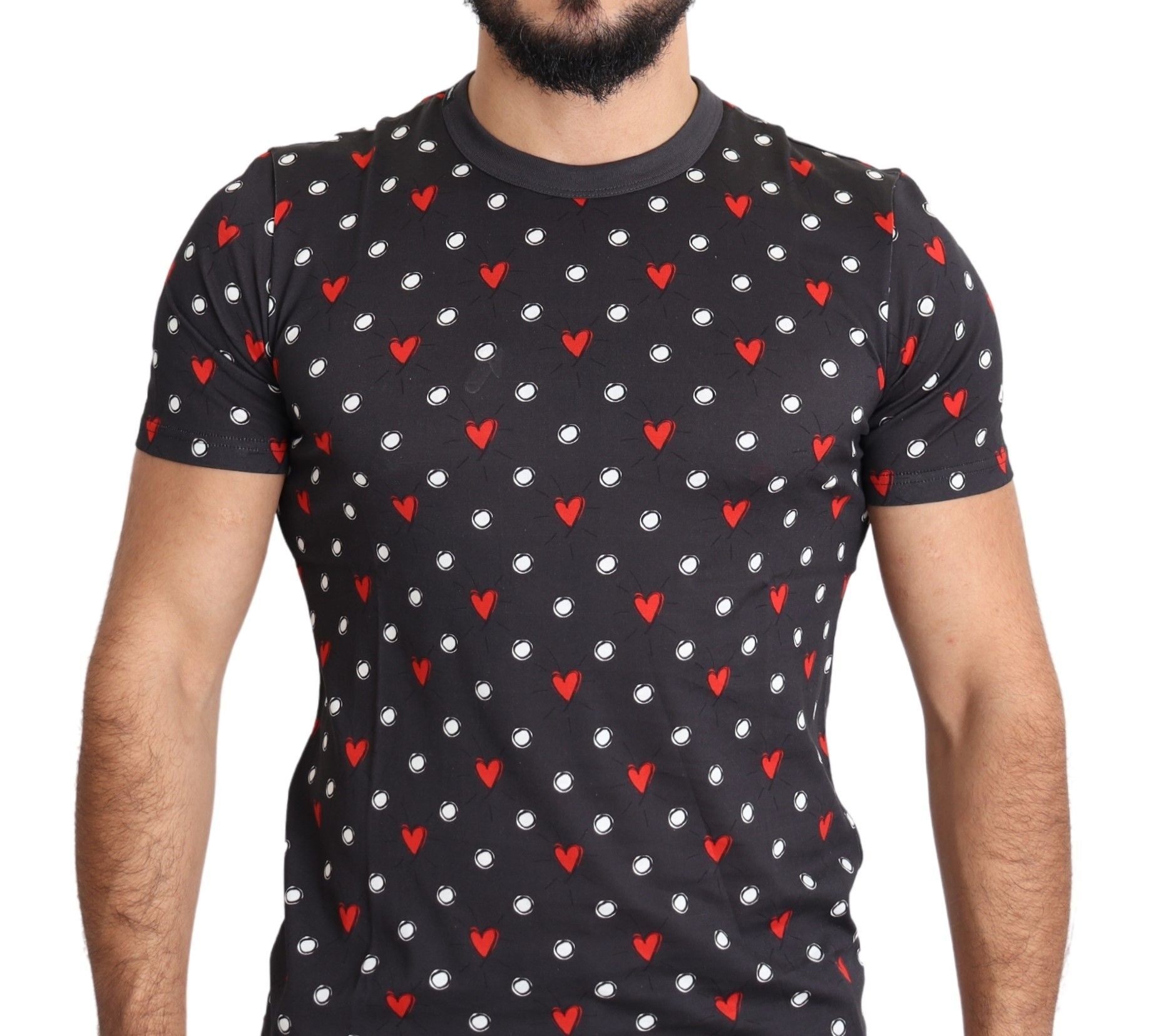 Dark gray cotton men's T-shirt with heart print design by Dolce & Gabbana, featuring a casual fit and stylish pattern.