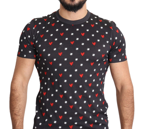 Dark gray cotton men's T-shirt with heart print design by Dolce & Gabbana, featuring a casual fit and stylish pattern.