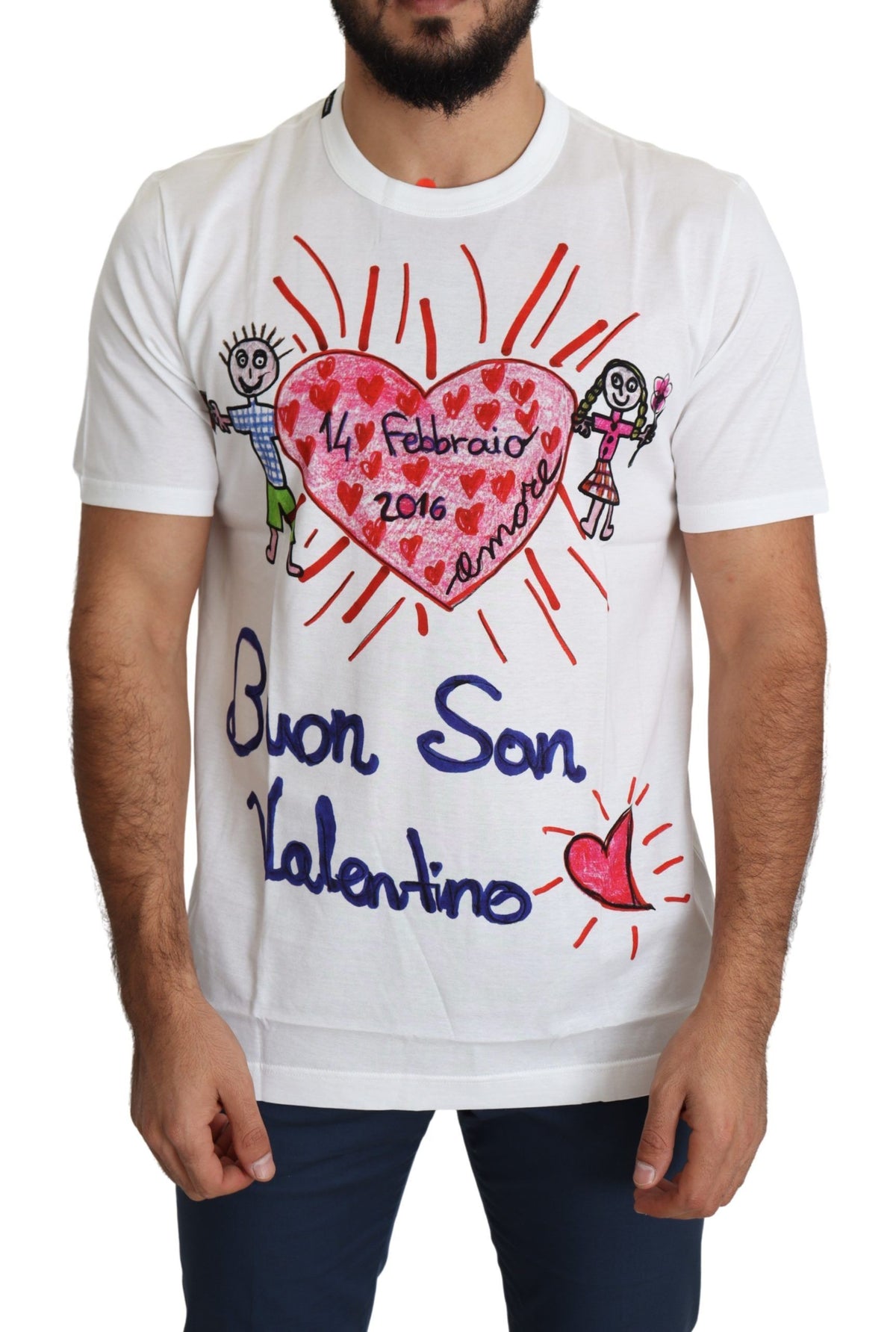 White Dolce & Gabbana men's T-shirt with red and pink hearts Valentine's print, featuring a casual crew neck design.