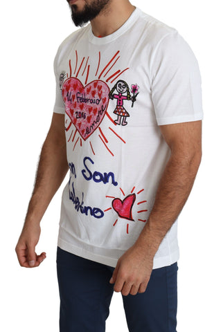 White Dolce & Gabbana men's T-shirt with Valentine hearts print, featuring a casual fit and graphic design.