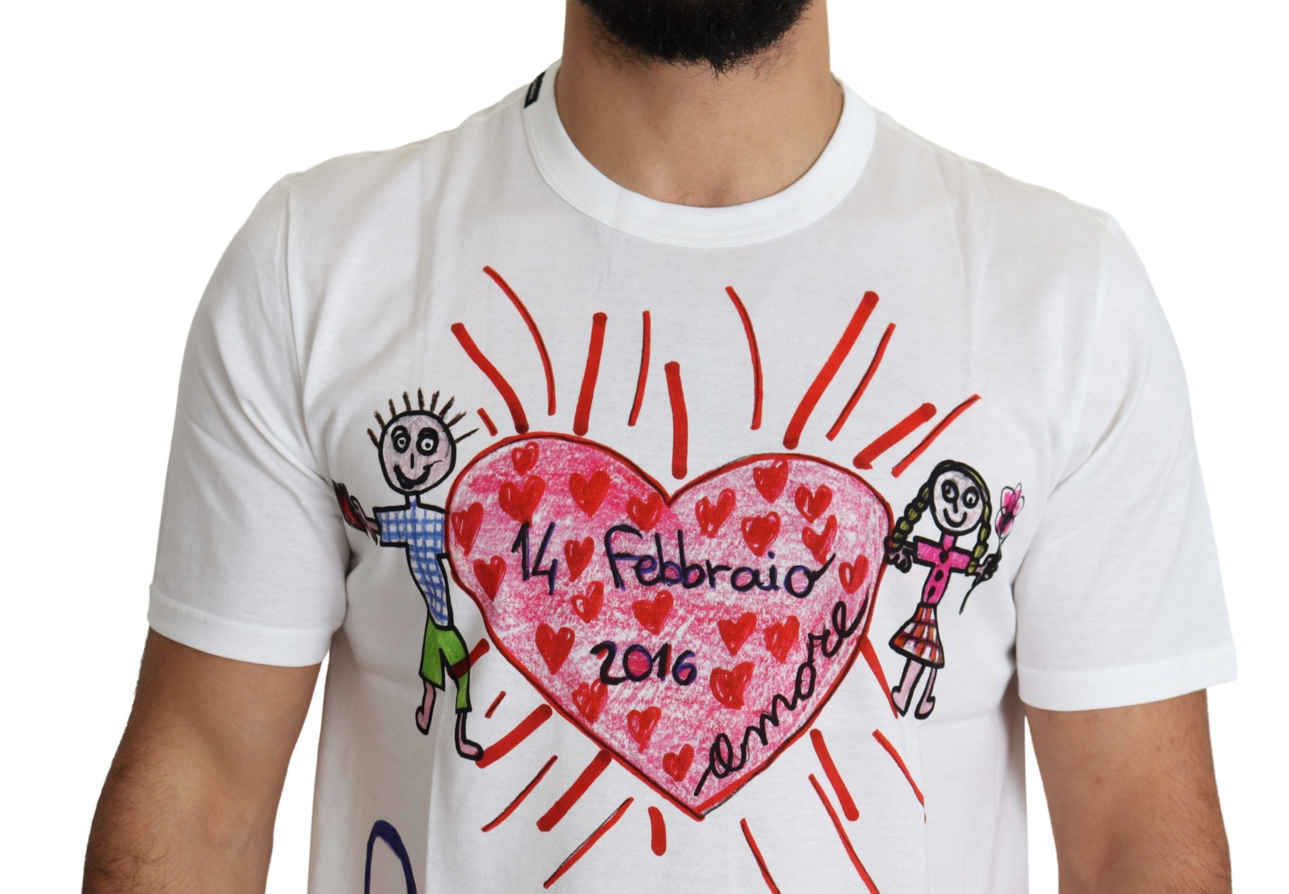 White Dolce & Gabbana men's T-shirt with Saint Valentine hearts print, featuring a casual fit and graphic design.