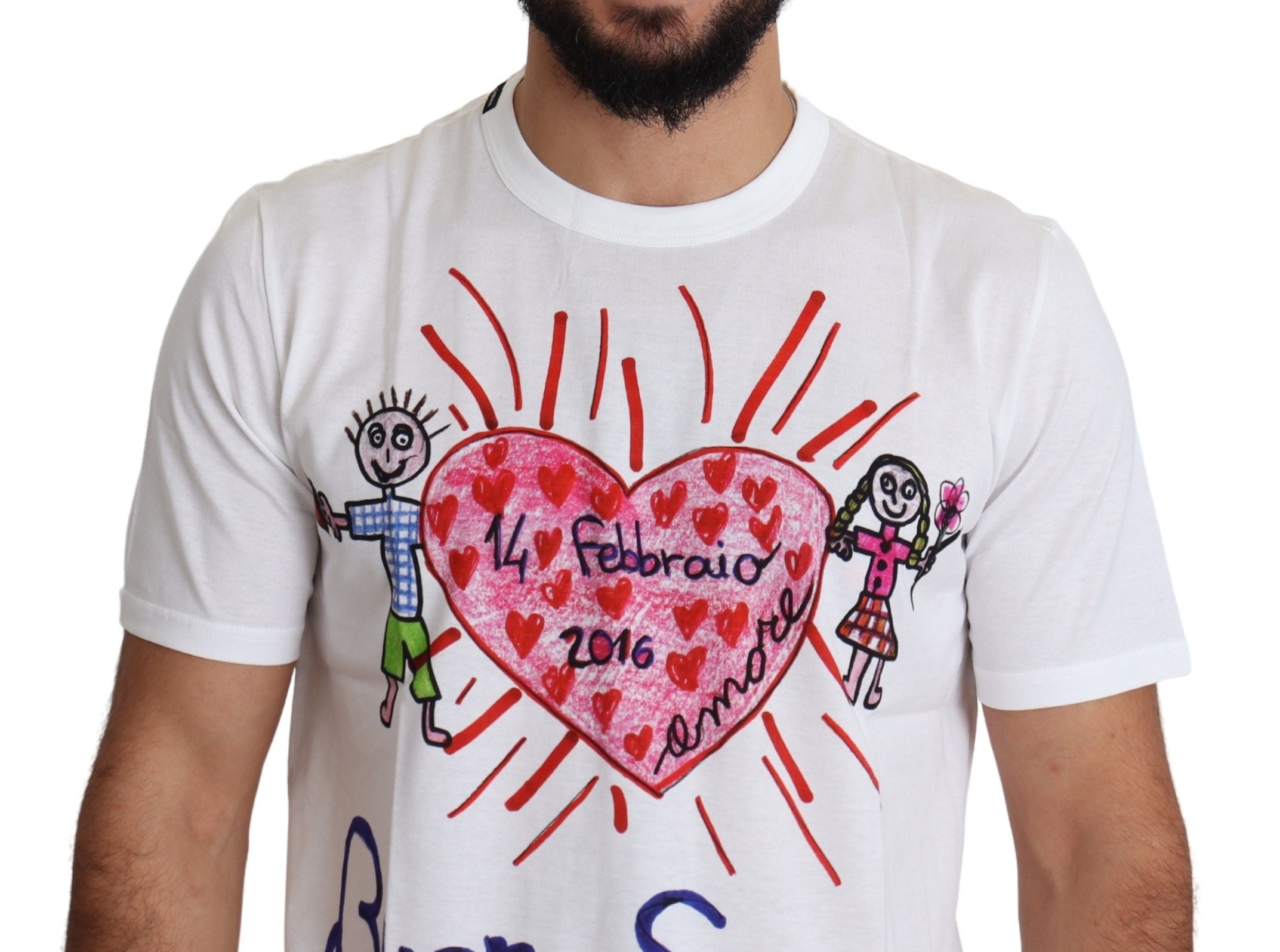White Dolce & Gabbana men's T-shirt with Valentine hearts print, featuring a casual fit and romantic graphic design.