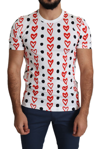 White cotton men's T-shirt with heart print from Dolce & Gabbana, featuring a casual fit and graphic design.