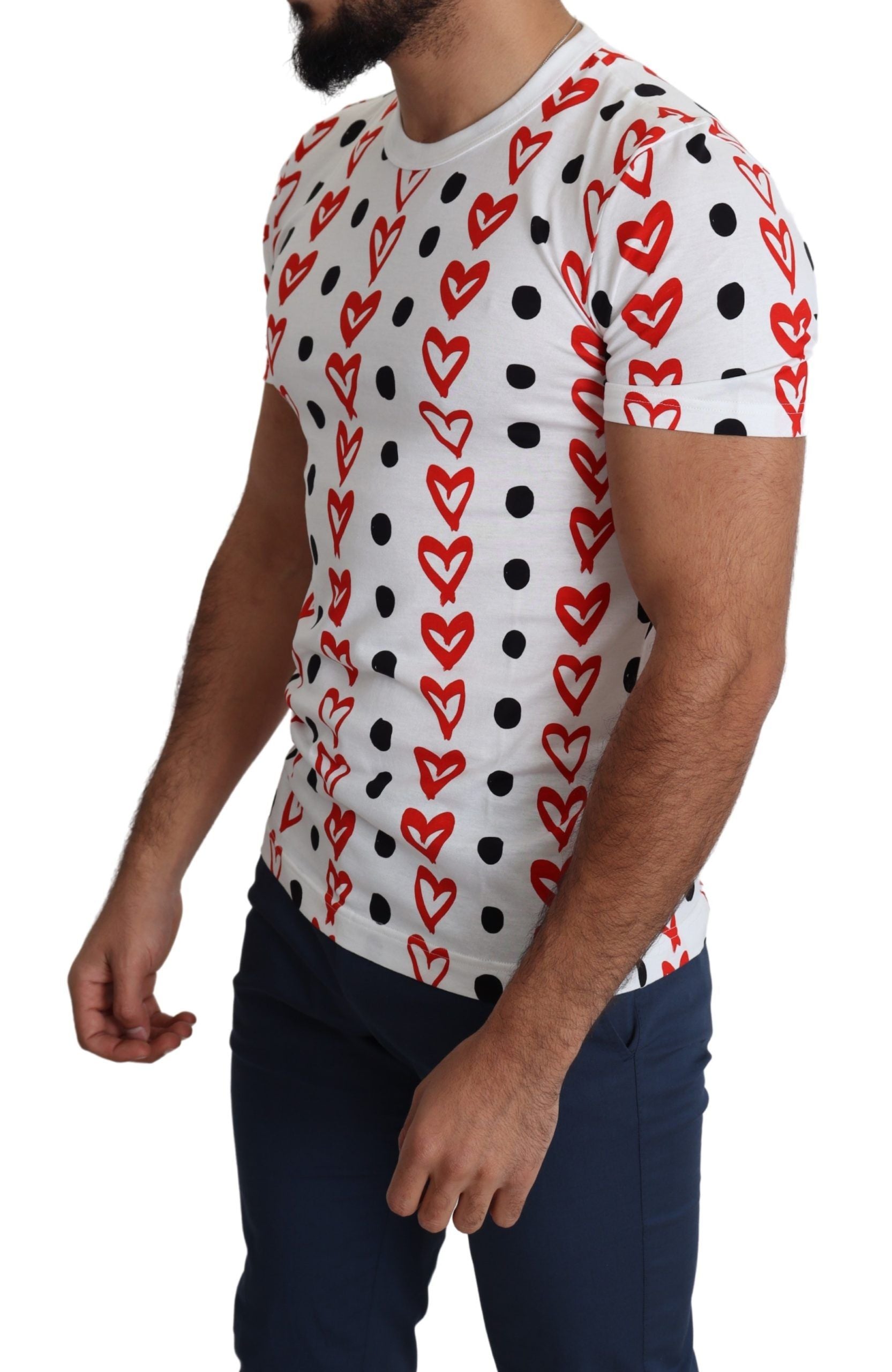 White cotton men's T-shirt with black heart print by Dolce & Gabbana, featuring a casual fit and crew neckline.