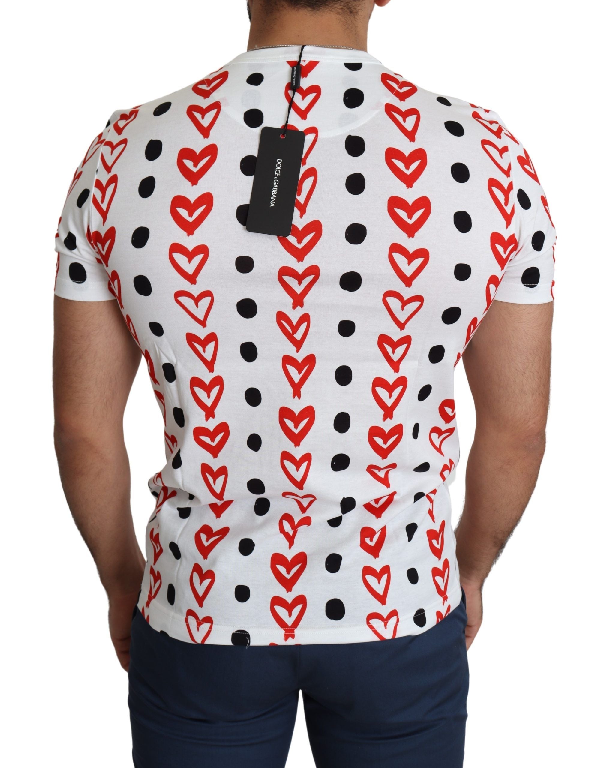 White cotton men's T-shirt with heart print from Dolce & Gabbana, featuring a casual fit and stylish design.