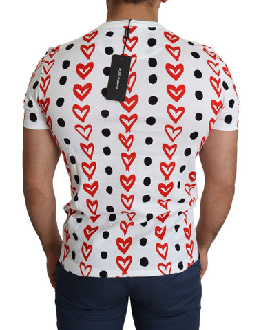 White cotton men's T-shirt with heart print from Dolce & Gabbana, featuring a casual fit and stylish design.