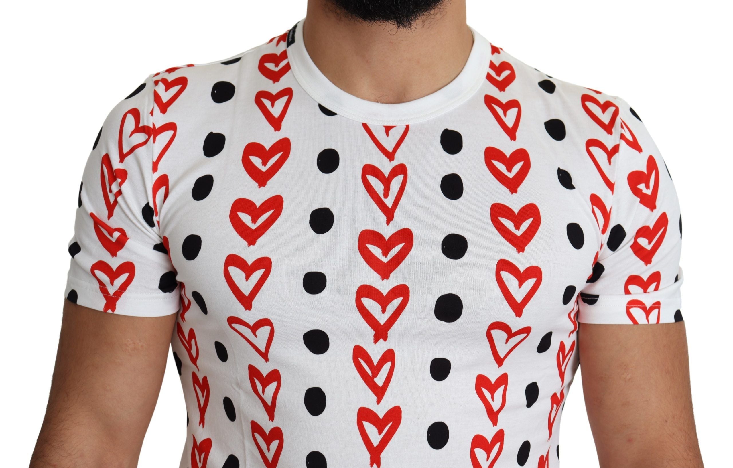 White cotton men's T-shirt with black heart print by Dolce & Gabbana, featuring a classic crew neck and short sleeves.