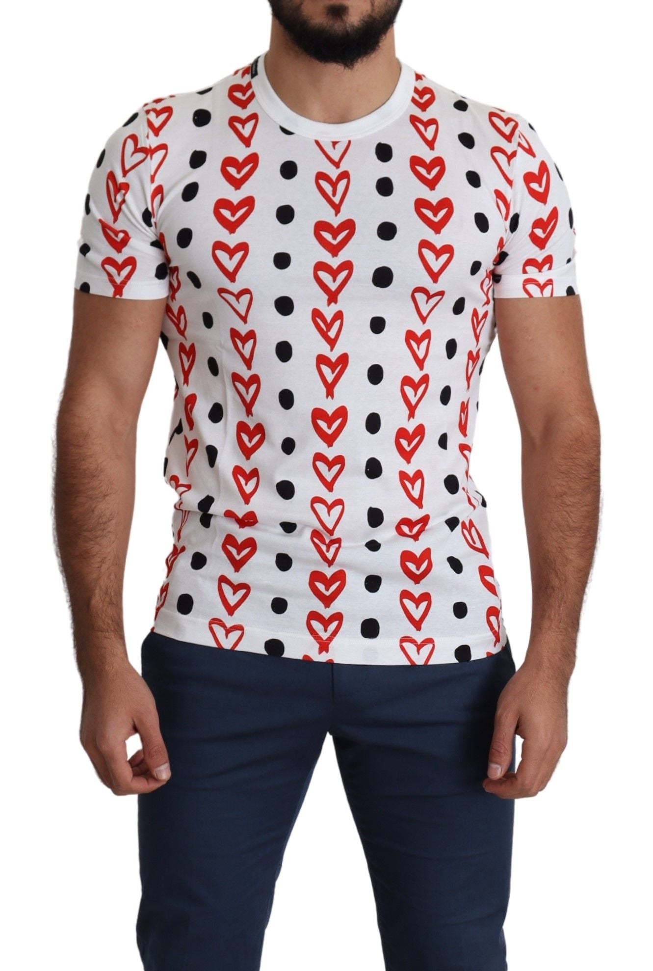 White cotton men's T-shirt with black heart print by Dolce & Gabbana, featuring a classic crew neck and short sleeves.