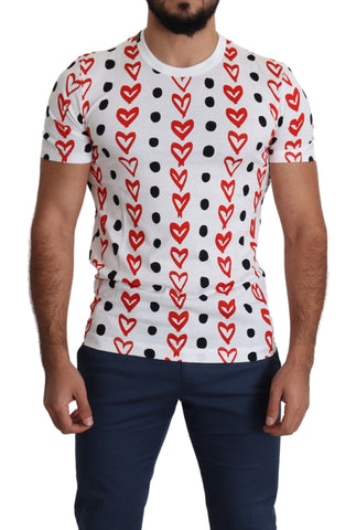 White cotton men's T-shirt with black heart print by Dolce & Gabbana, featuring a classic crew neck and short sleeves.