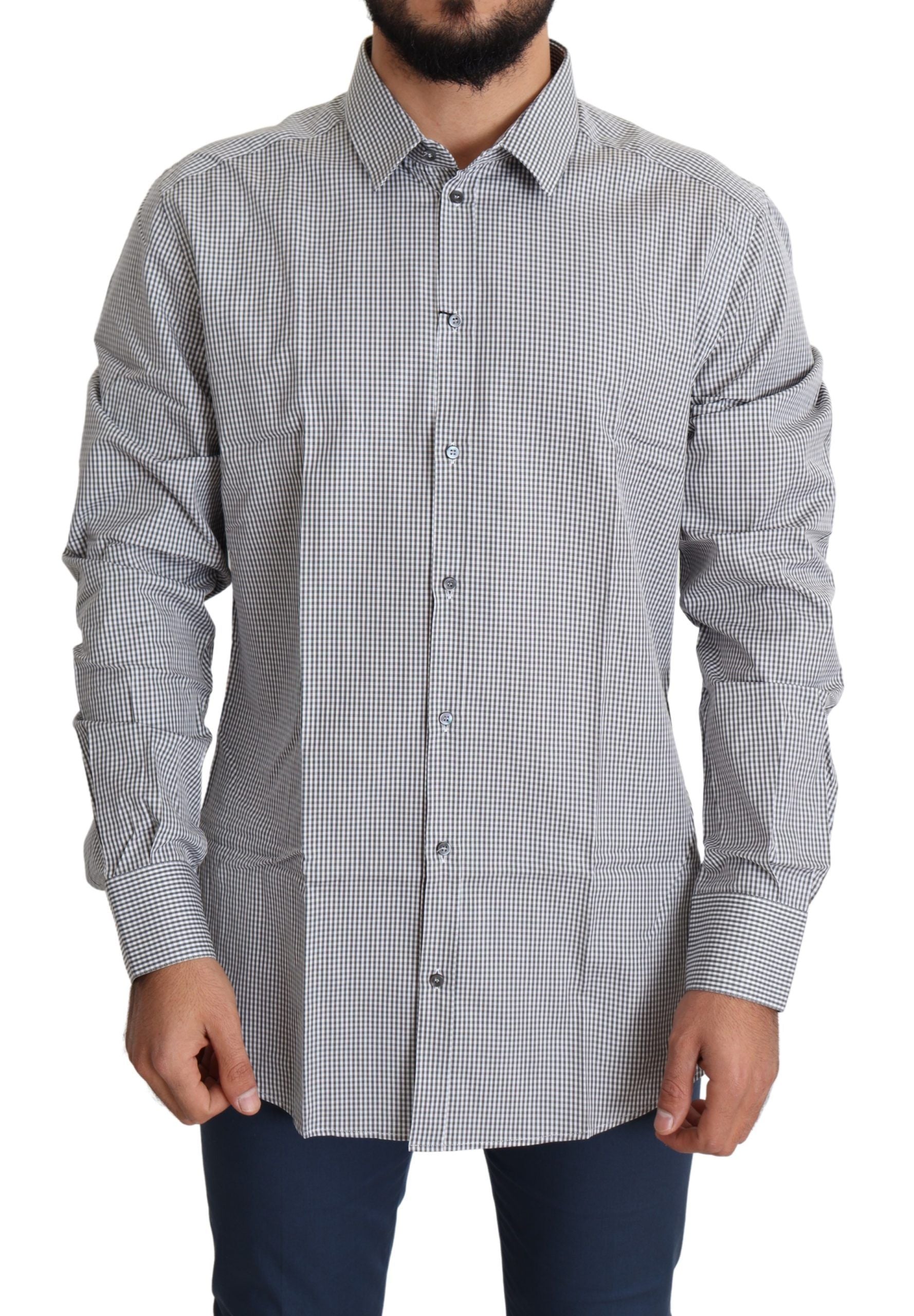Black and white checkered gold cotton shirt by Dolce & Gabbana, featuring a stylish and trendy dress shirt design.