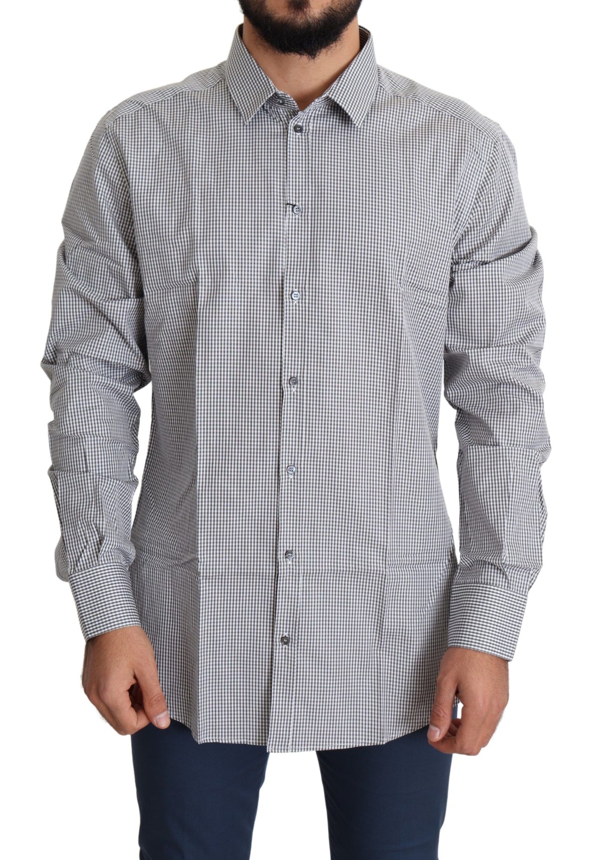Black and white checkered gold cotton shirt by Dolce & Gabbana, featuring a stylish and trendy dress shirt design.