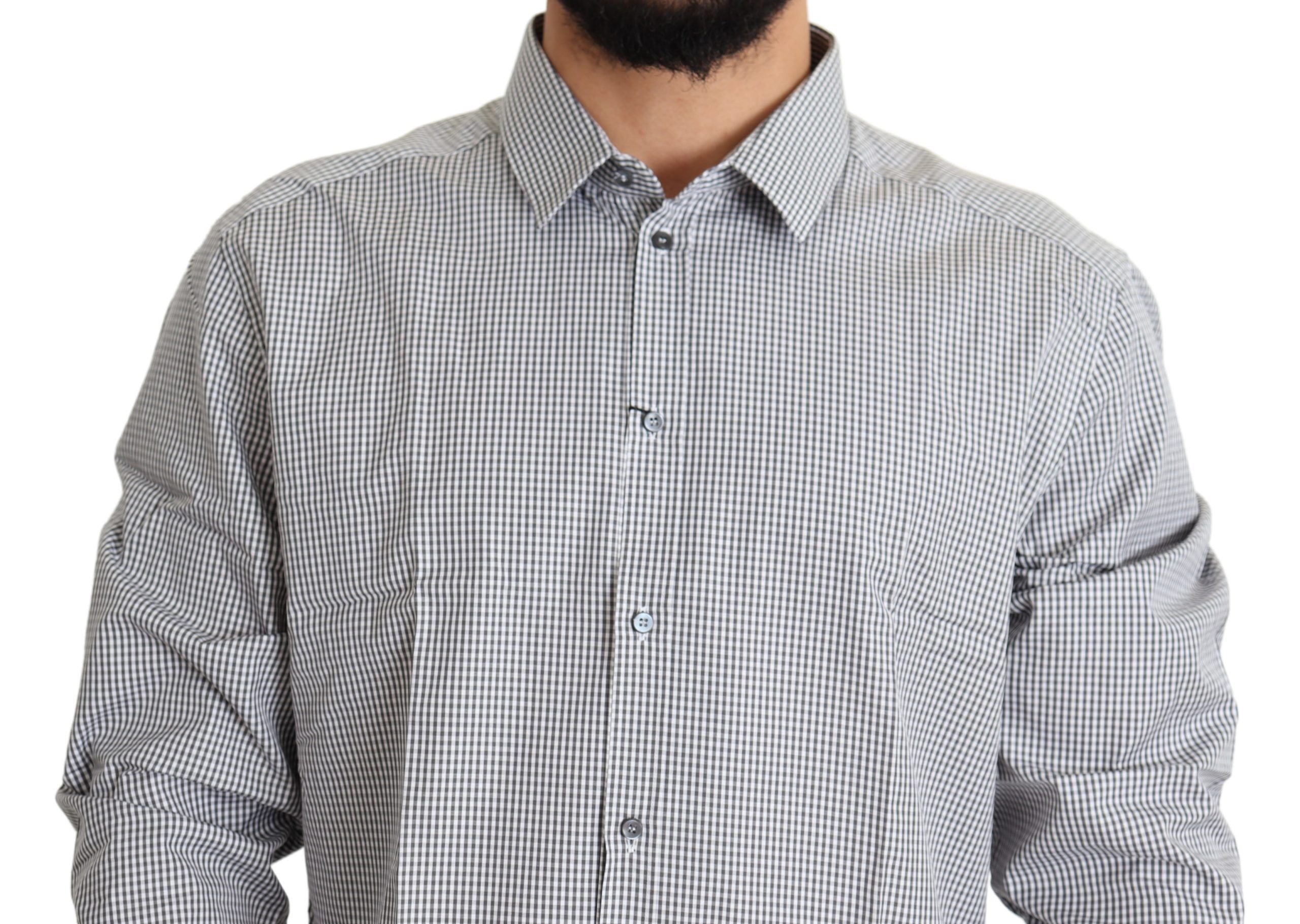 Black and white checkered cotton dress shirt by Dolce & Gabbana with gold accents, featuring a stylish checkered pattern.