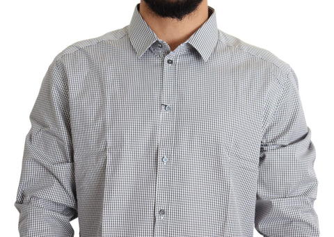 Black and white checkered cotton dress shirt by Dolce & Gabbana with gold accents, featuring a stylish checkered pattern.