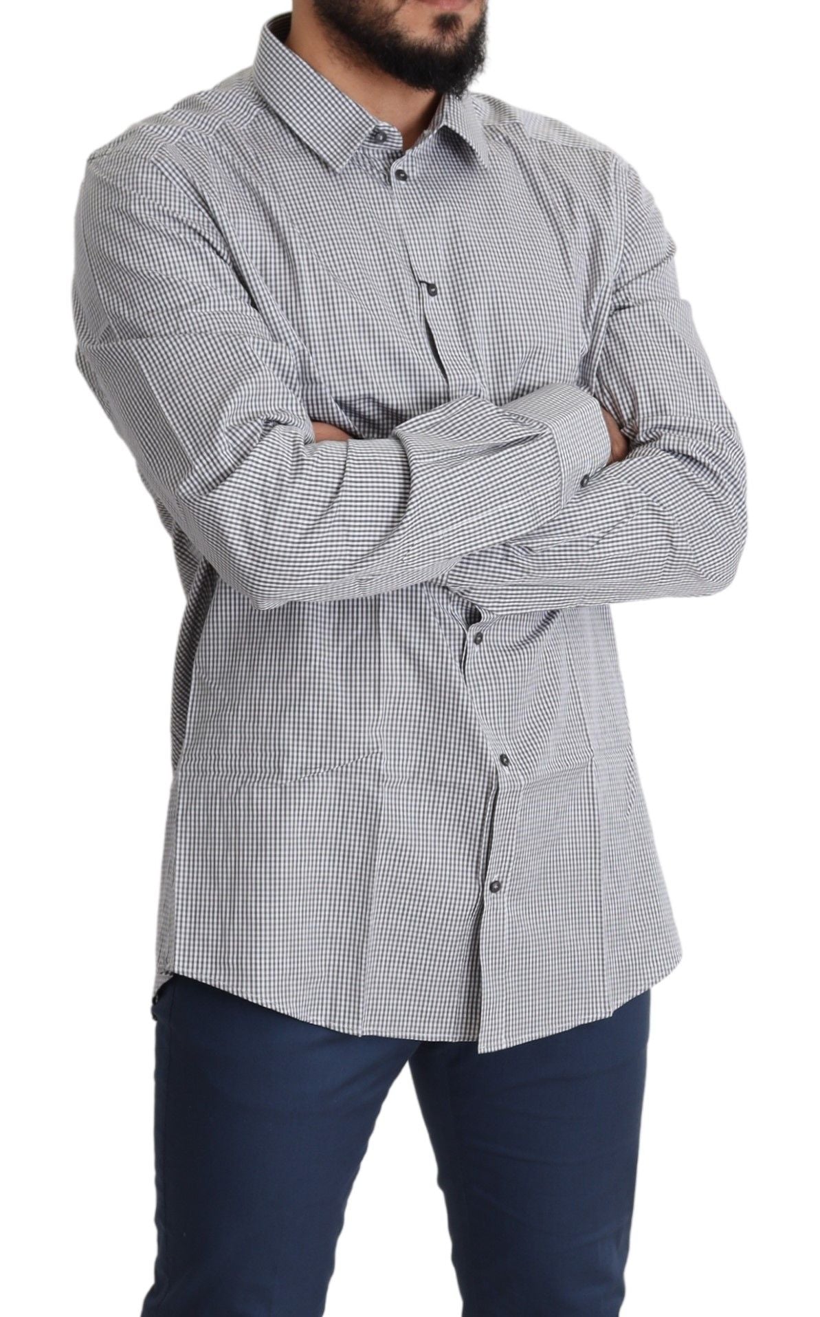 Black and white checkered Dolce & Gabbana cotton dress shirt with gold accents, stylish and casual for modern fashion.
