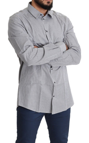 Black and white checkered Dolce & Gabbana cotton dress shirt with gold accents, stylish and casual for modern fashion.