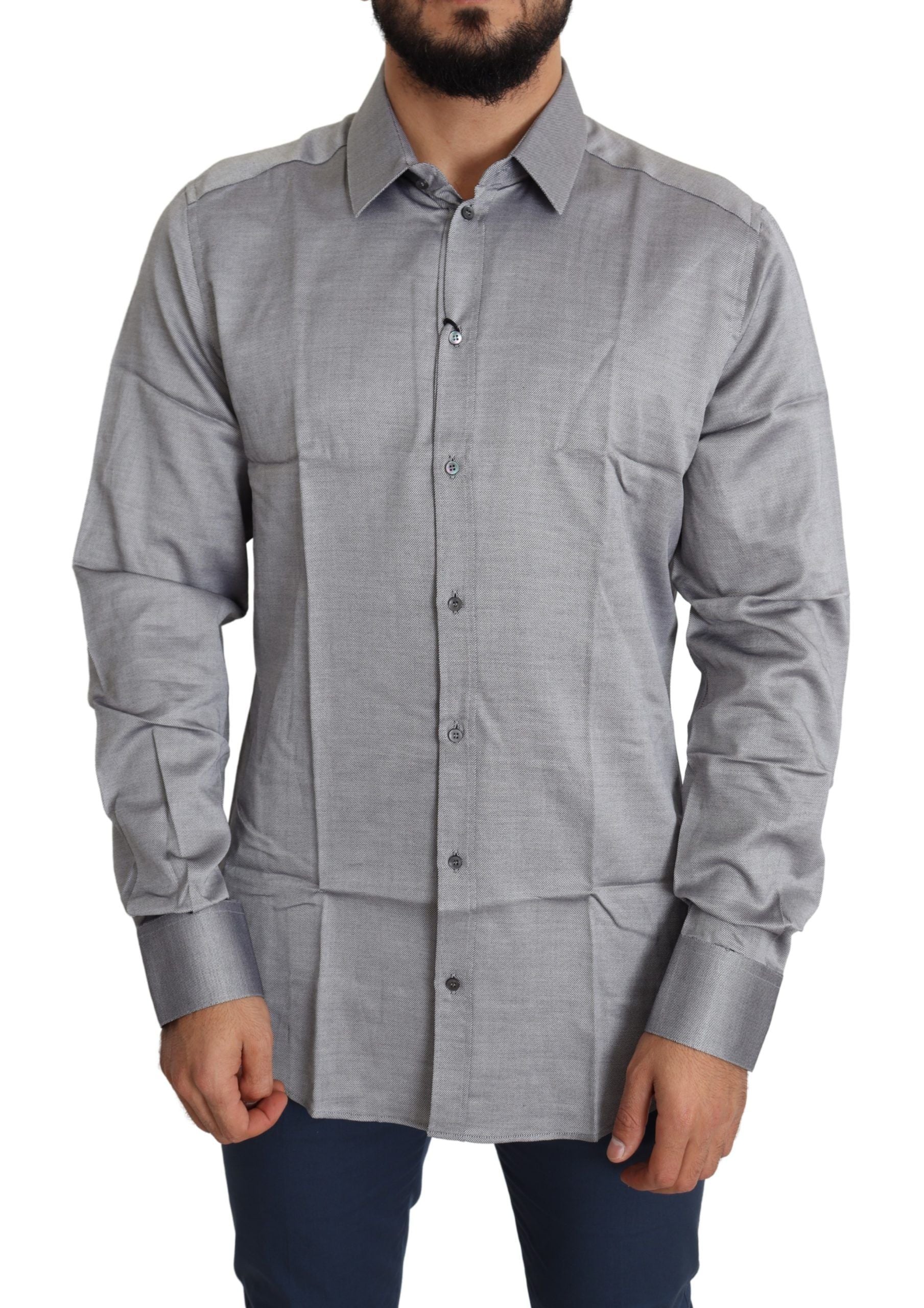 Gray cotton men's formal dress shirt by Dolce & Gabbana, featuring gold accents and classic collar design.