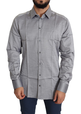 Gray cotton men's formal dress shirt by Dolce & Gabbana, featuring gold accents and classic collar design.
