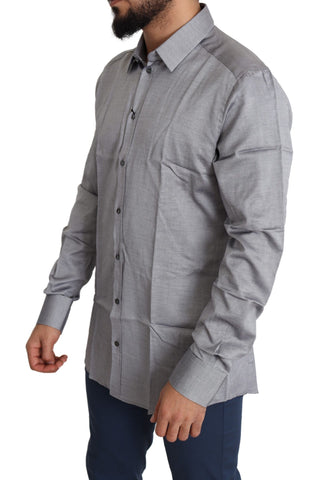 Gray cotton men's formal dress shirt by Dolce & Gabbana, with a classic fit and gold accents, displayed on a hanger.