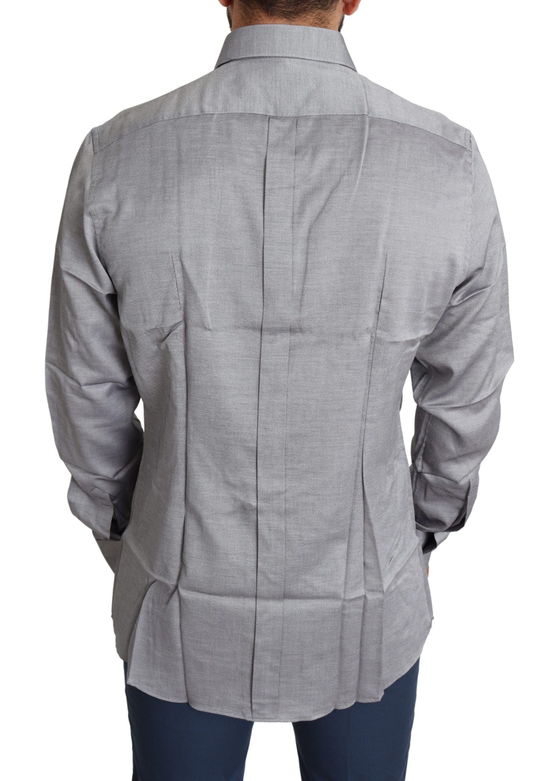 Gray cotton men's formal dress shirt by Dolce & Gabbana, featuring a classic gold-toned design for elegant style.