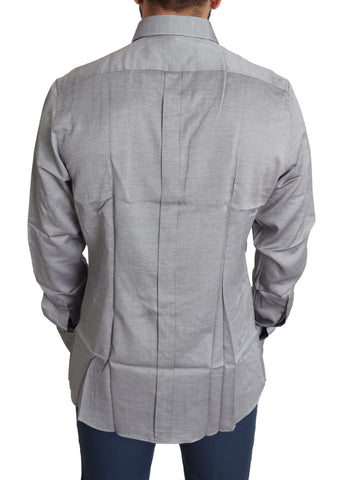 Gray cotton men's formal dress shirt by Dolce & Gabbana, featuring a classic gold-toned design for elegant style.