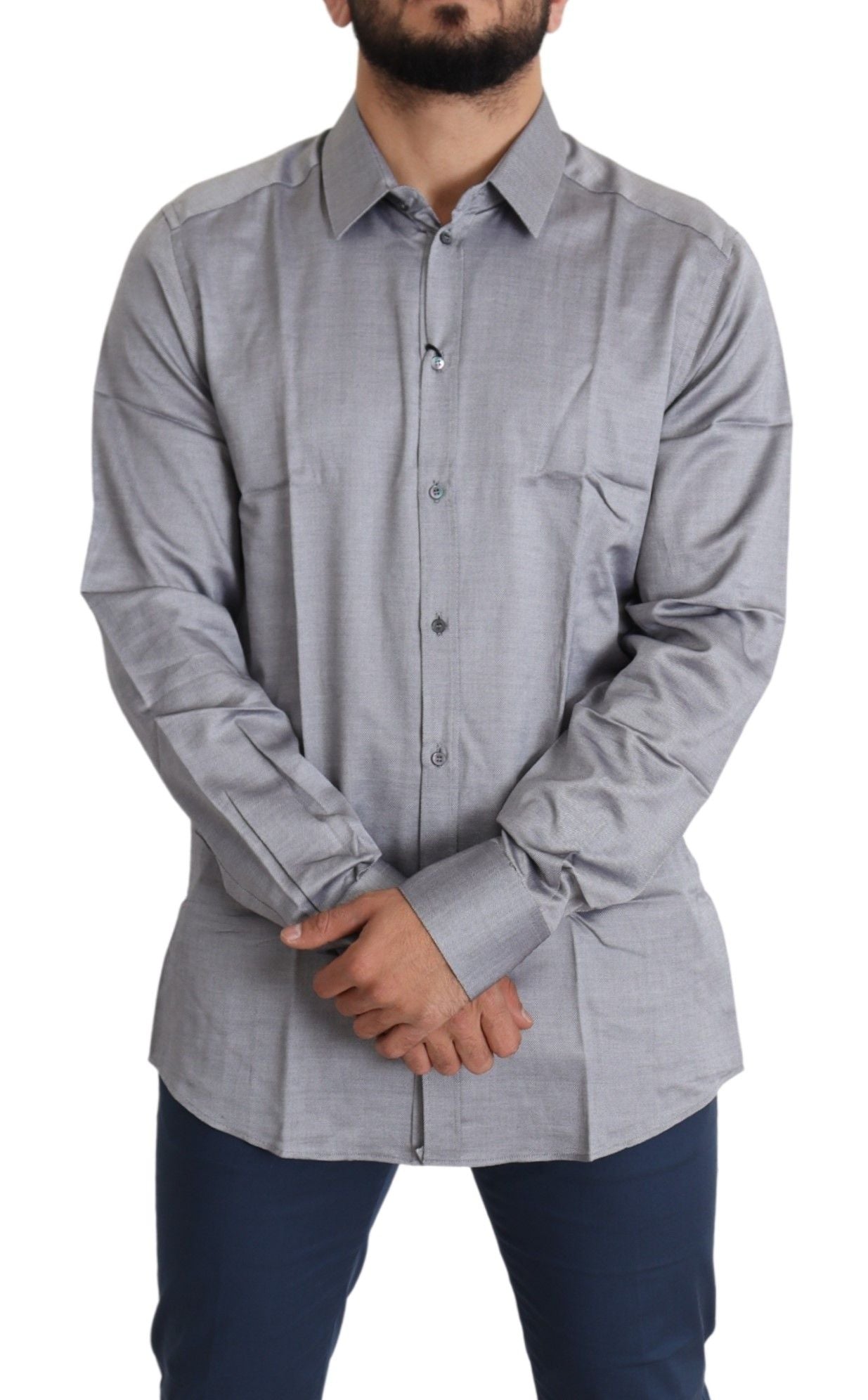 Gray cotton men's formal dress shirt by Dolce & Gabbana, featuring a classic gold design and button-up front.