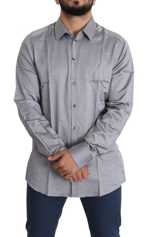 Gray cotton men's formal dress shirt by Dolce & Gabbana, featuring a classic gold design and button-up front.