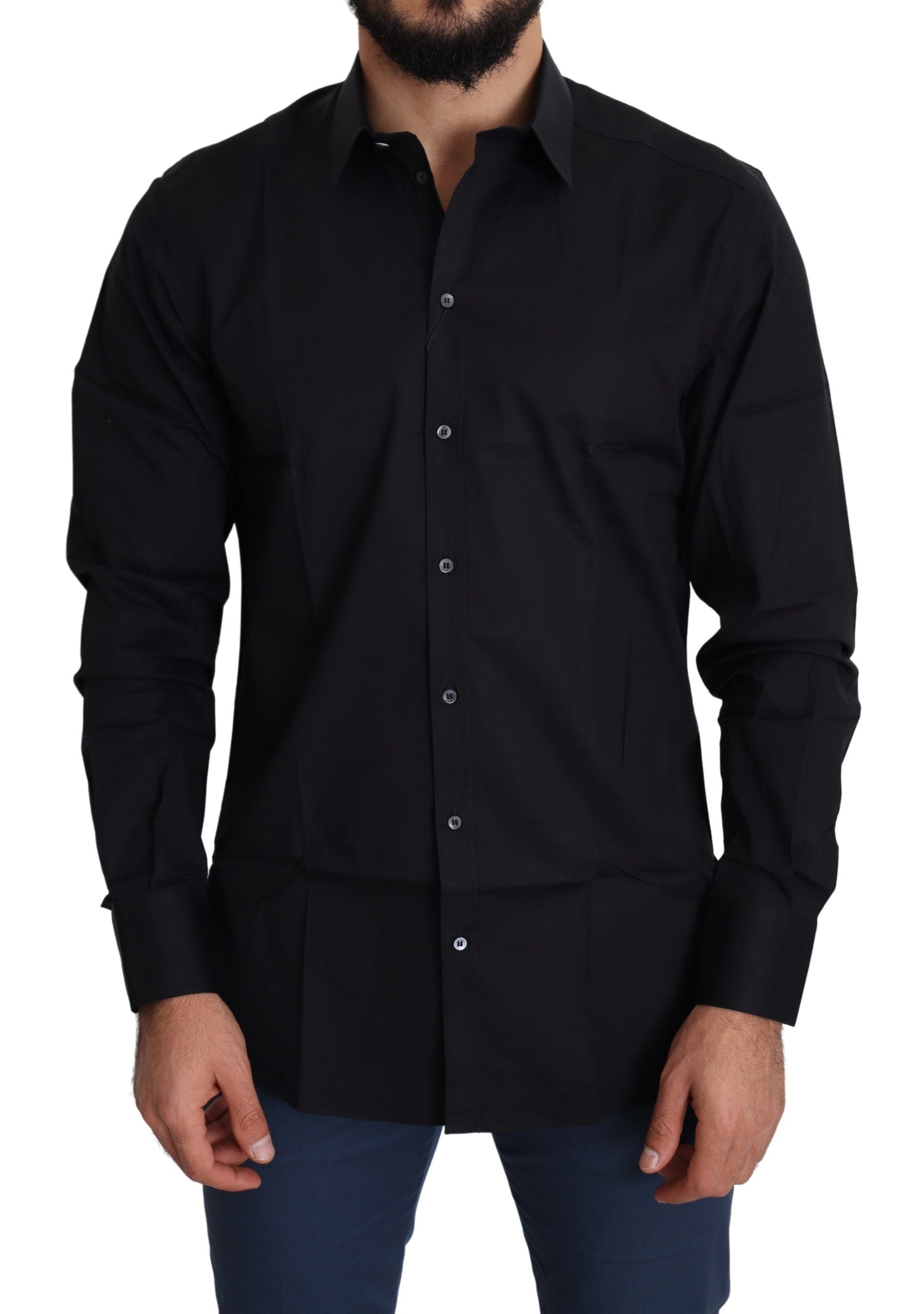 Black cotton stretch formal gold dress shirt by Dolce & Gabbana, featuring a fitted design and gold accents.