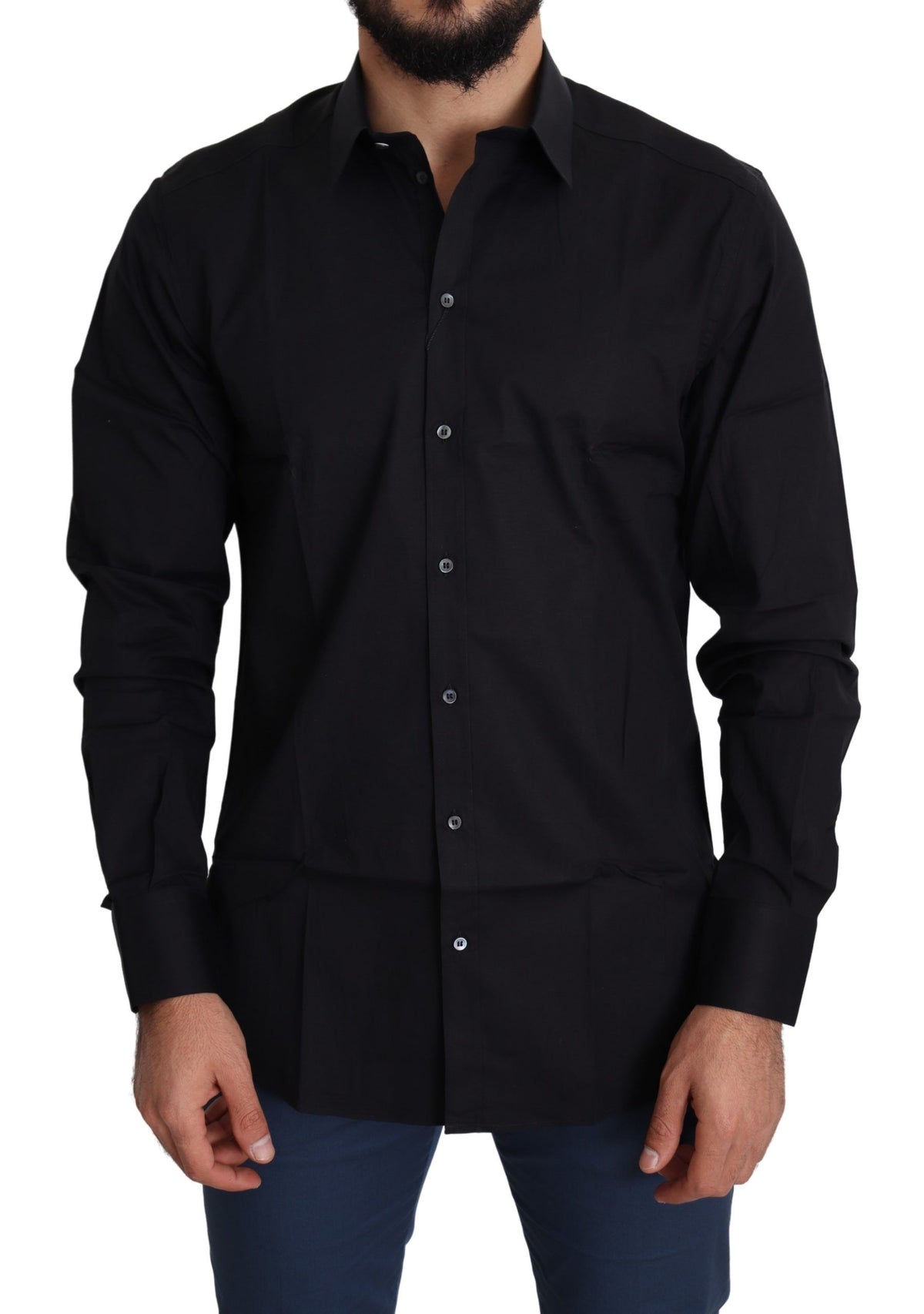 Black cotton stretch formal gold dress shirt by Dolce & Gabbana, featuring a fitted design and gold accents.