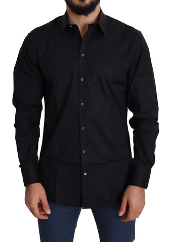 Black cotton stretch formal gold dress shirt by Dolce & Gabbana, featuring a fitted design and gold accents.