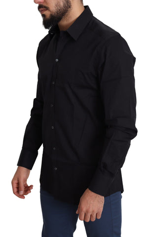 Black cotton stretch formal gold dress shirt by Dolce & Gabbana, featuring a fitted design and elegant collar.