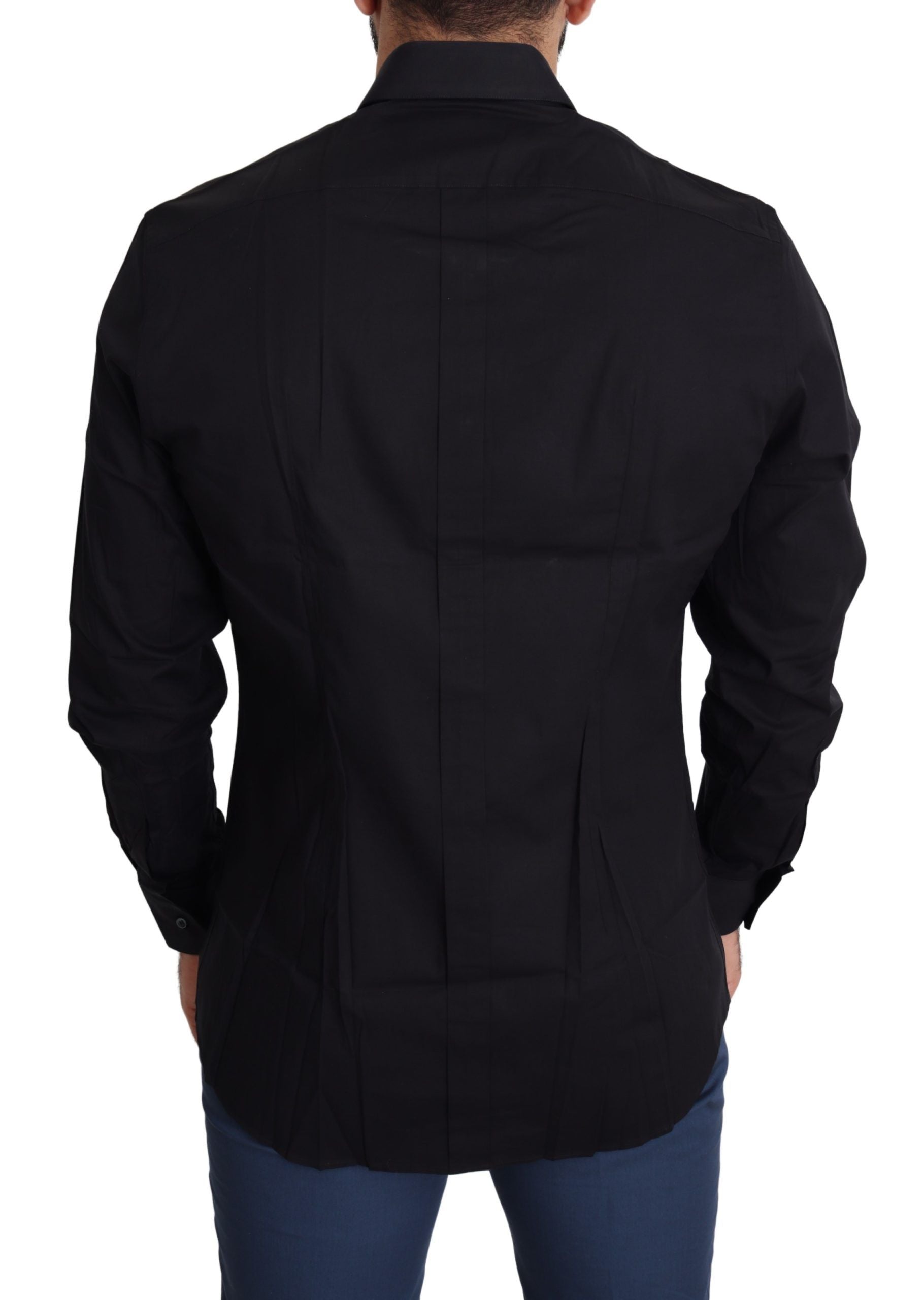 Black cotton stretch formal gold dress shirt by Dolce & Gabbana, shown on a hanger with close-up fabric details.