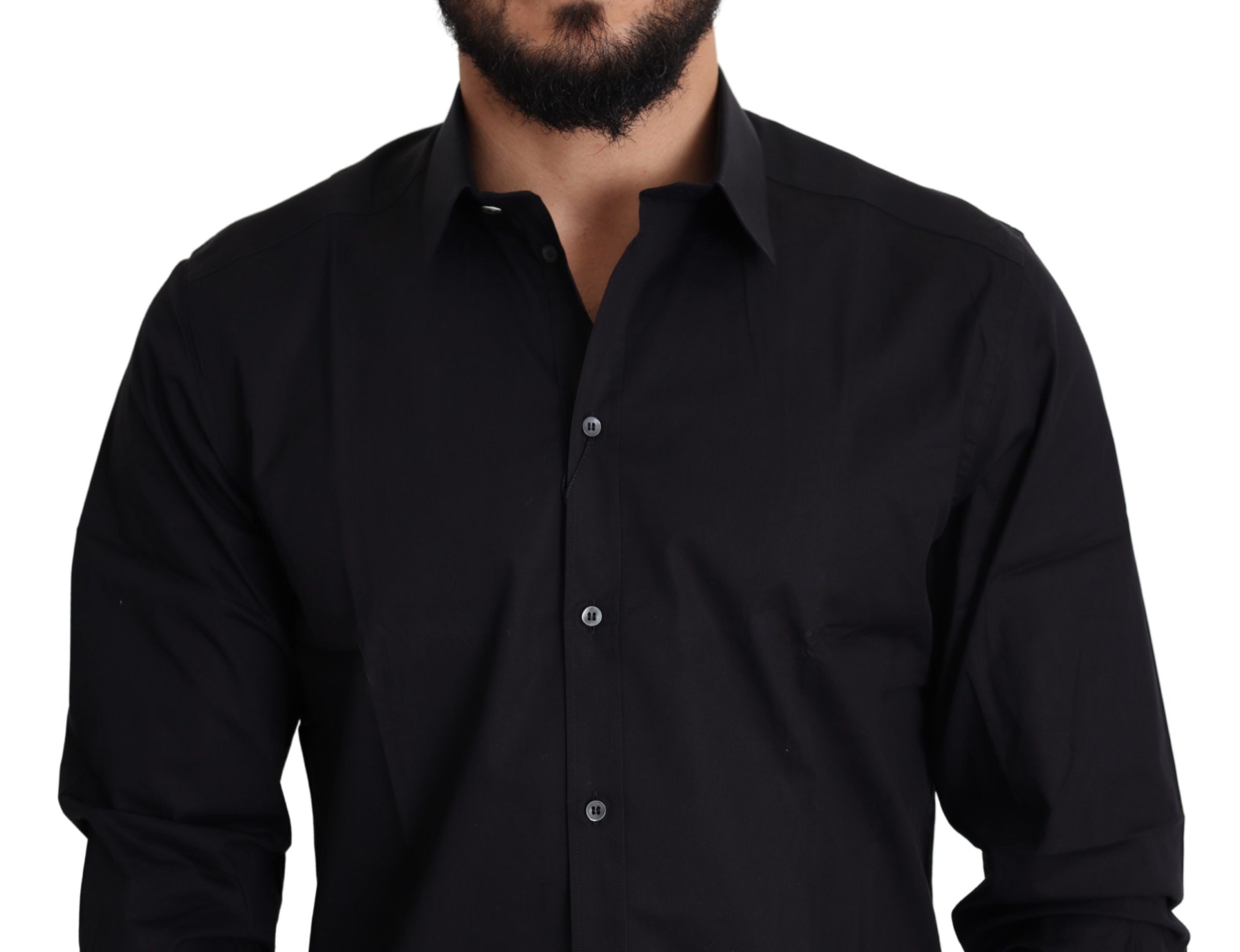 Black cotton stretch formal gold dress shirt by Dolce & Gabbana, shown with collar and button details.
