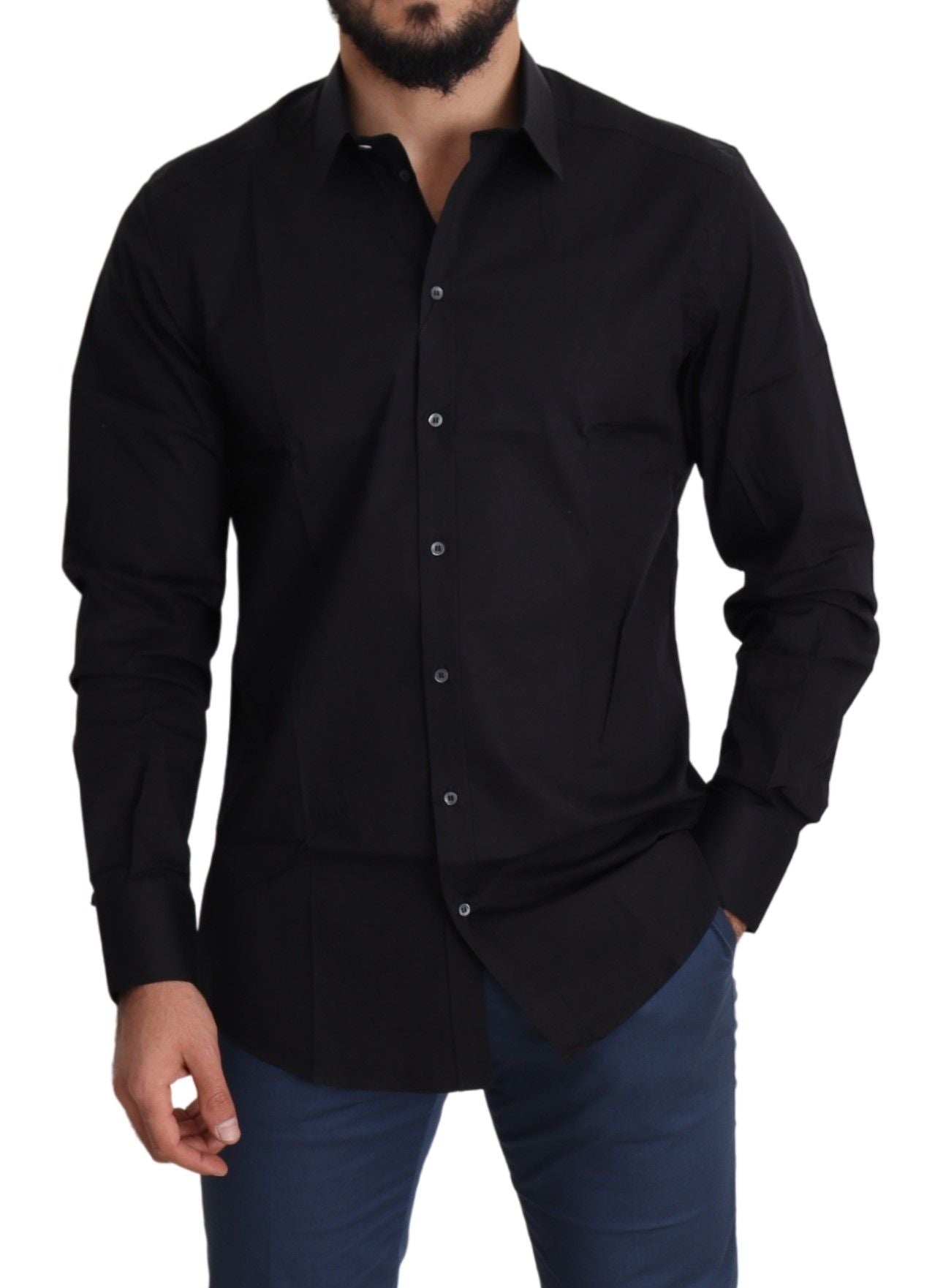 Black cotton stretch formal gold dress shirt by Dolce & Gabbana, featuring a sleek fit and elegant gold accents.