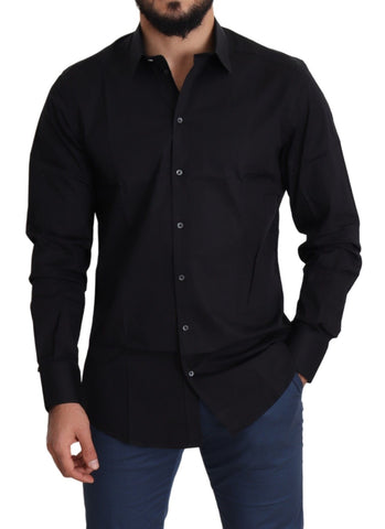 Black cotton stretch formal gold dress shirt by Dolce & Gabbana, featuring a sleek fit and elegant gold accents.