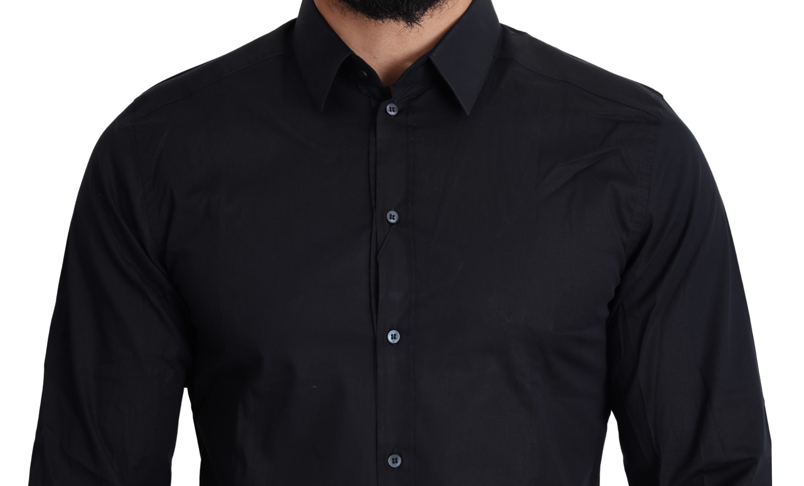 Blue cotton formal dress shirt by Dolce & Gabbana, featuring a classic fit and gold accents, displayed on a hanger.
